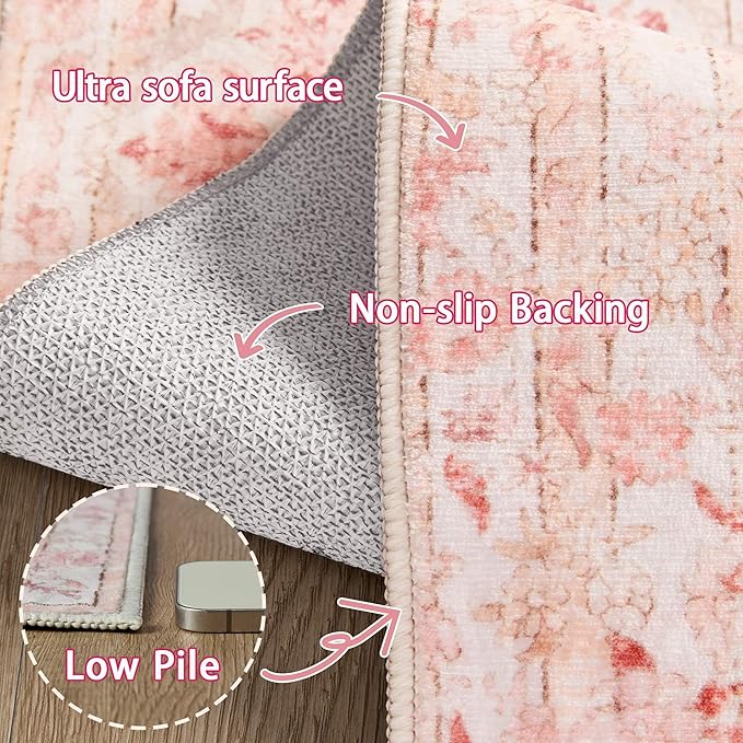 Latte&Fog 3x5 Entryway Pink Area Rugs, Vintage Floral Washable Rugs Cute Girls - Image 7