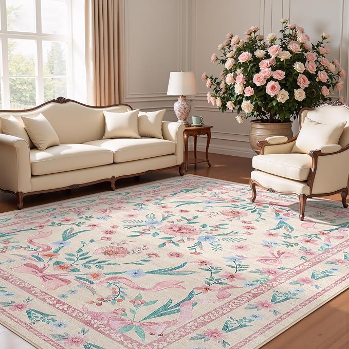 Pink Floral Bow Rug 8x10 for Living Room, Washable Non Slip Area Rug, Soft Boho - Image 2