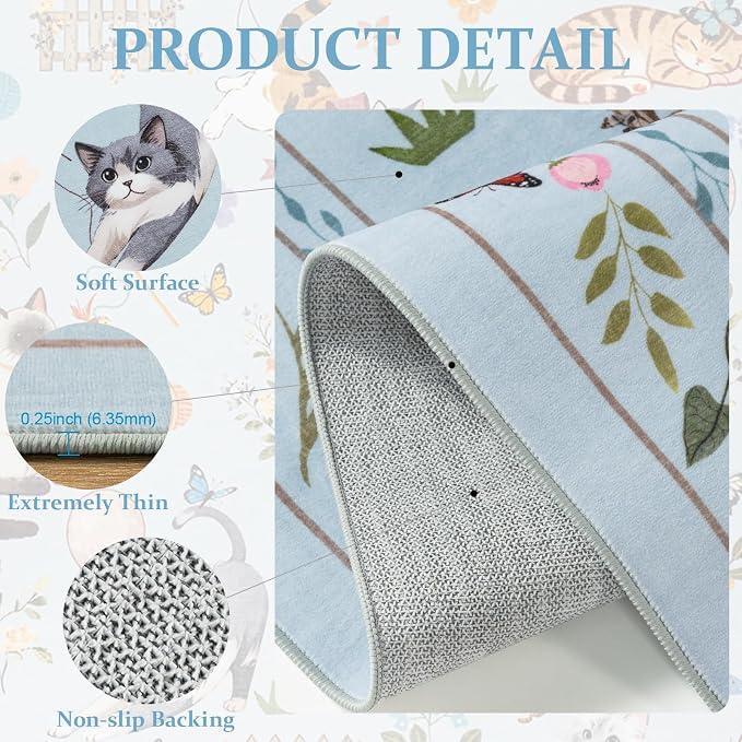 Unirea 4x4 Light Blue Grey Cat Round Area Rugs, Washable Soft Non Slip Circle - Image 5