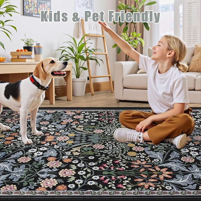 Round Area Rug for Living Room: 8 ft Floral Washable Circle Rug Soft Boho - Image 6