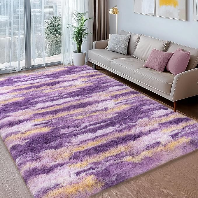 Shag Rugs for Living Room 6x9, Ultra Soft Abstract Purple Big Fuzzy Rugs for - Image 3