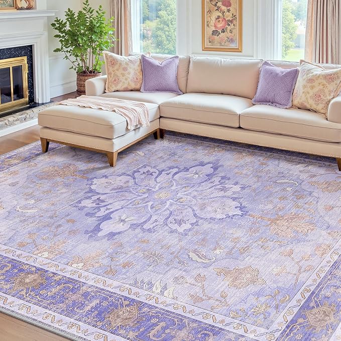 RELEANY Area Rugs 8'x10' Washable Non-Slip, Floral Vintage Distress Medallion by RELEANY