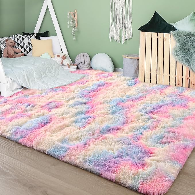 FlyDOIT Large Area Rugs for Living Room, 4x6 Feet Tie-Dyed Rainbow Shaggy Rug - Image 8