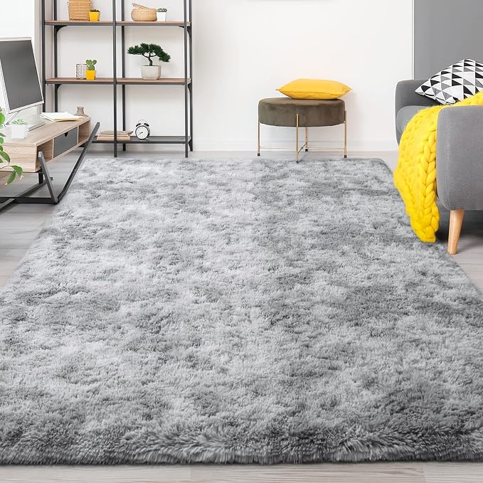 FlyDOIT Large Area Rugs for Living Room, 4x6 Feet Tie-Dyed Light Grey Shaggy - Image 9