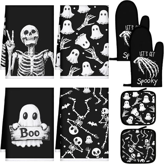 Leinuosen 8 Pcs Skull Kitchen Decor Set Kitchen Towels Gothic Oven Mitts and by Leinuosen