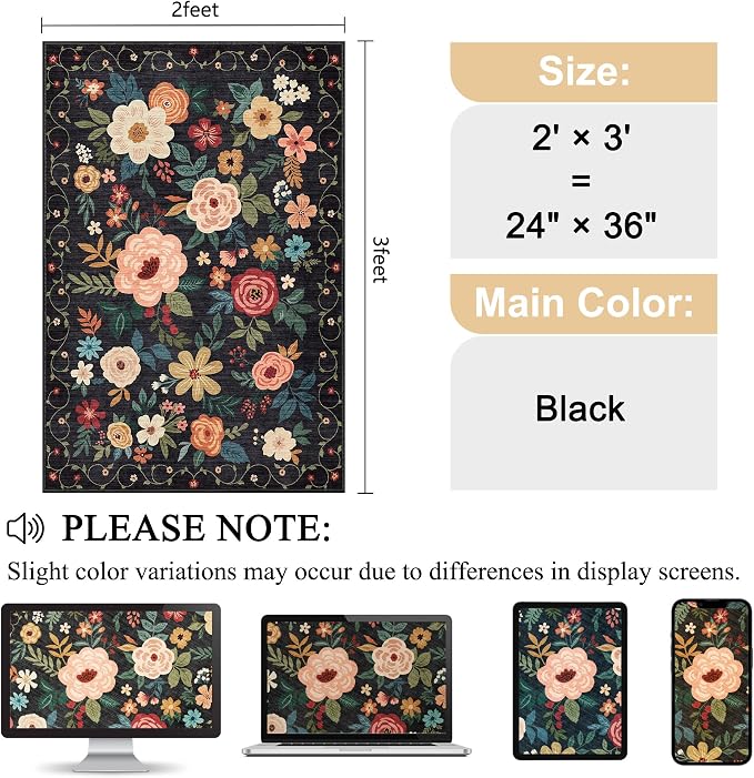 DUKINO 2x3 Rugs for Entryway, Floral Indoor Washable Door Mat, Non Slip Boho - Image 2