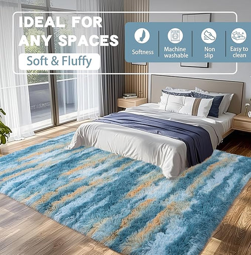 9x12 Fluffy Shag Area Rugs, Ultra Soft Non-Slip Abstract Blue Plush Carpet - Image 2