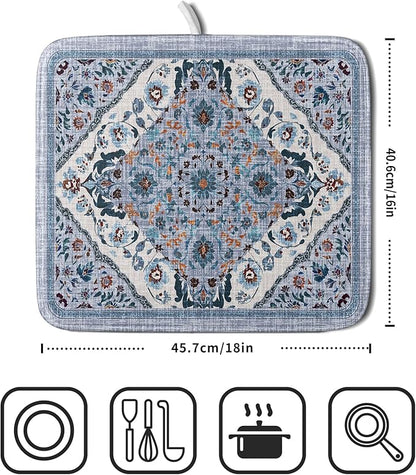 Boho Flower Dish Drying Mat Blue Bohemian Dishes Drainer Rack Mat 16x18 Inch - Image 2