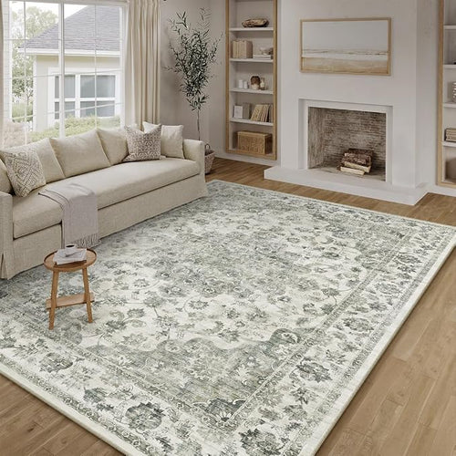 6x9 Washable Neutral Area Rug Green Vintage Living Room Bedroom Carpet Non-Slip by WondRg