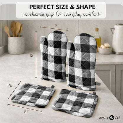 Native Fab Buffalo Plaid Check Oven Mitts and Pot Holders Set of 4, 100% Cotton - Image 3