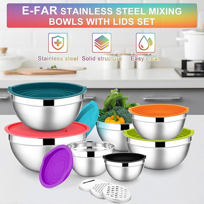 E-far Mixing Bowls with Lids Set, 7-Piece Stainless Steel Mixing Bowls with 3 - Image 7