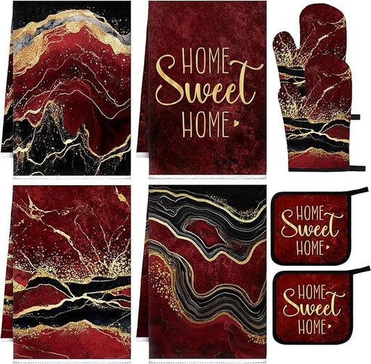 Leinuosen 8 Pcs Burgundy Marble Kitchen Towels and Dishcloths Sets Oven Mitts by Leinuosen