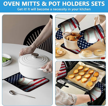 American Flag Baseball Oven Mitts and Pot Holders Sets Heat Resistant 4Pcs - Image 6