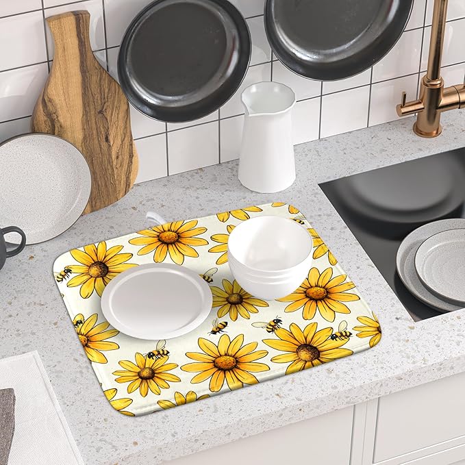 Spring Summer Sunflower Bee Dish Drying Mat of Kitchen Counter 16×18 Inch - Image 6