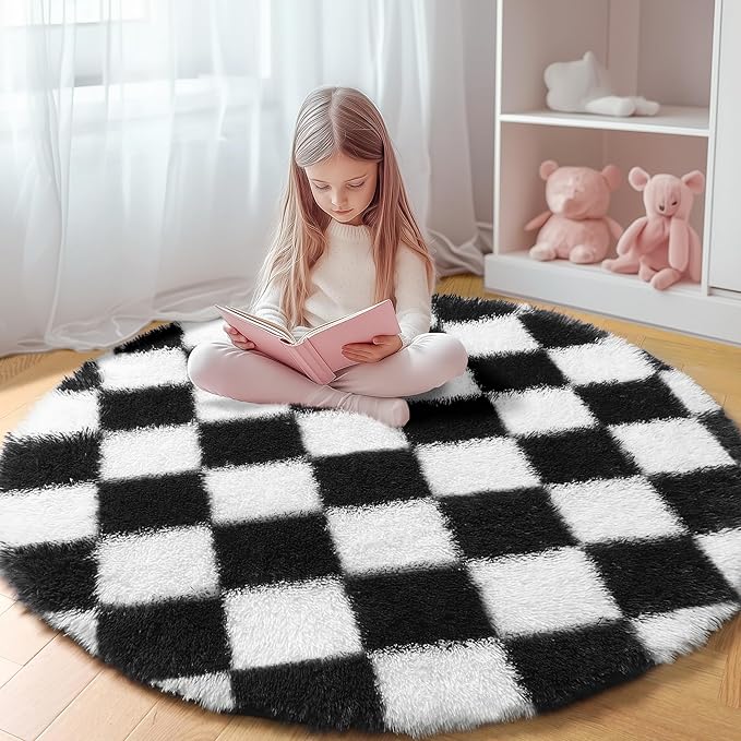 KICMOR Round Rugs 5ft for Bedroom Living Room, Indoor Checkered Circular Rug by KICMOR
