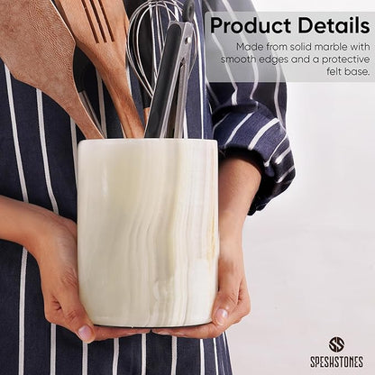 Marble Utensil Holder 6.5 Inch Cream Onyx Wooden Cooking Utensils Set & Spatula - Image 5