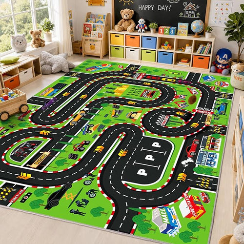 8x10 Ft Kids Race Track Car Rug Play Mat, Washable Non-Slip Large Playroom Rugs by Quntue