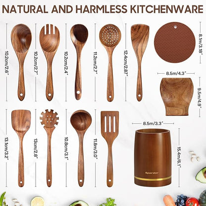 Spardar Wooden Kitchen Utensils, 12 Piece Set Wooden Spoon Set - Image 7