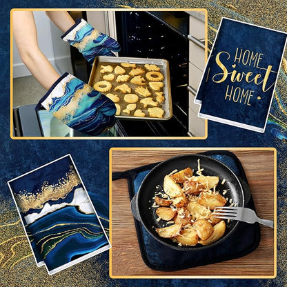 Bencailor 6 Pcs Marble Kitchen Decor Gold Pot Holders Oven Mitts 2 Dish Towels - Image 6