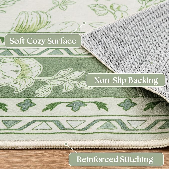 Green Area Rugs 6x9 Living Room Washable Boho Vintage Sketch Floral Sage Cream - Image 3