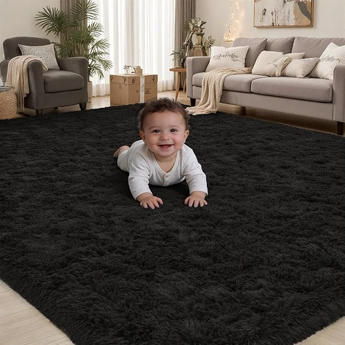 Area Rug for Living Room Bedroom: 4x6 Black Soft Fluffy Shag Upgrade Non-Slip by PLHXFRSoftAreaRugs