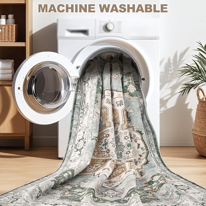 5x7 Washable Area Rug: Vintage Neutral Soft Non Slip Thin Large Floor Carpet - Image 5