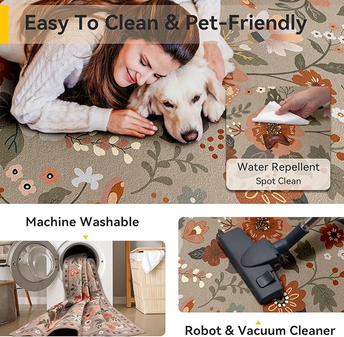 RELEANY Floral 5x7 Area Rugs Washable Print Boho Cute Carpet Non Slip Flower - Image 6