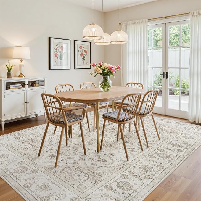8x10 Area Rugs for Living Room:Beige Washable Vintage Medallion Carpet Non-Slip - Image 4