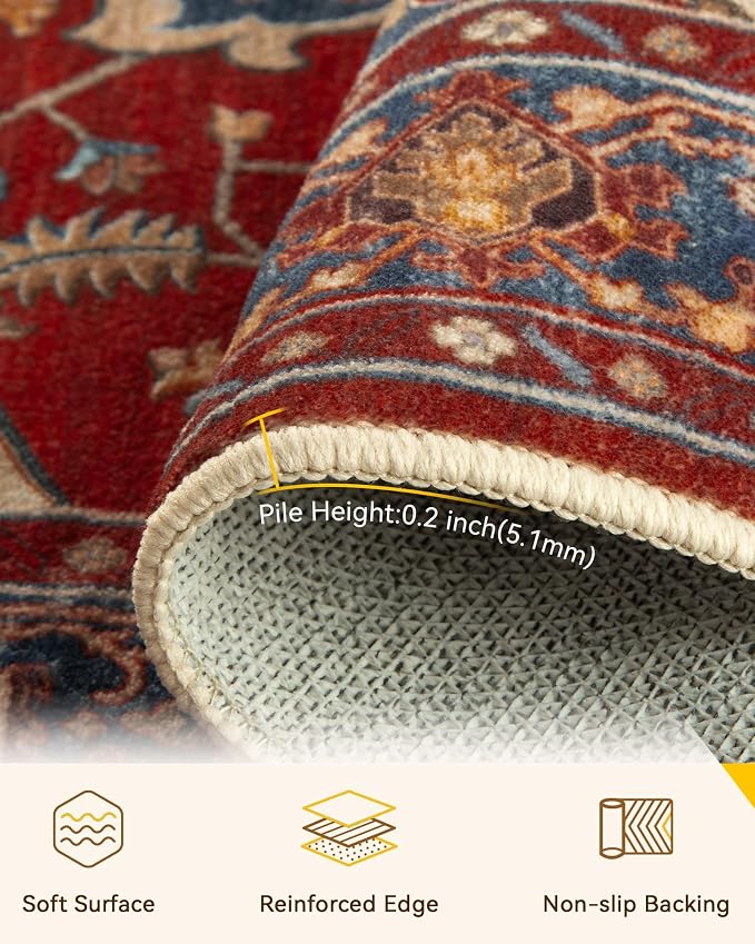 RELEANY Area Rugs Round 5ft Washable Non-Slip, Floral Vintage Distress - Image 3