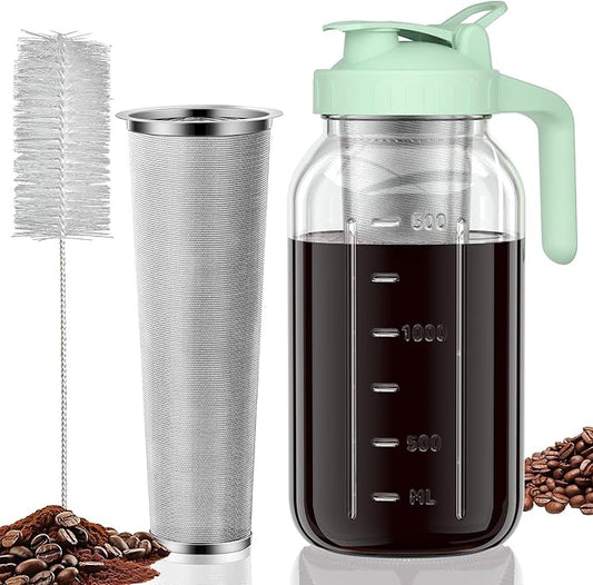 Cold Brew Coffee Maker Jar - 64oz Thick Glass Multipurpose Mason Pitcher Spout Lid with Handle & Stainless Steel Filter for Iced Coffee, Lemonade, Ice Tea, Homemade Fruit Drinks Container