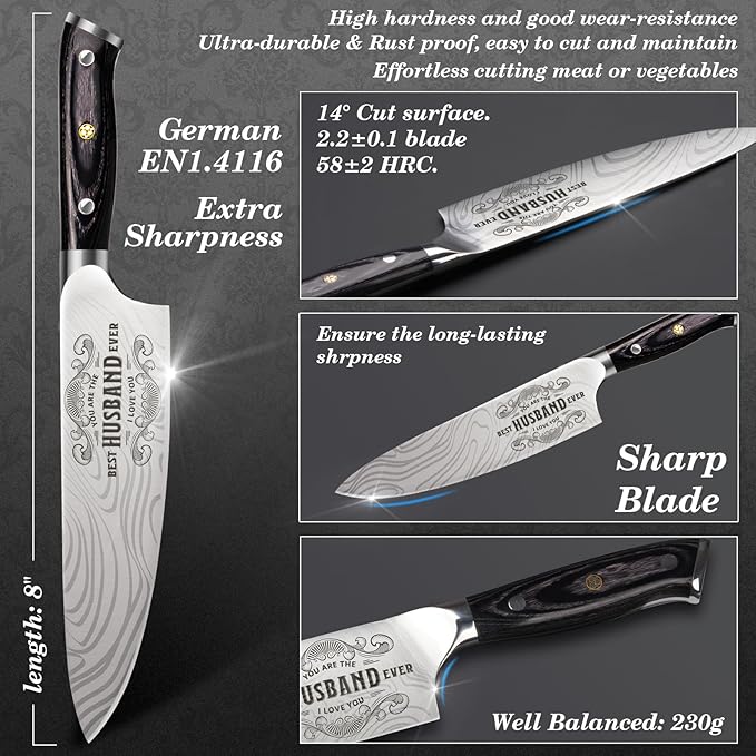 Funistree Gifts for Men Him Husband, 8 inch Professional German 1.4116 Chef - Image 3