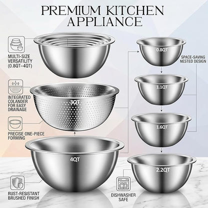 DUTZUN Heavy-Duty Stainless Steel Mixing Bowls Set of 5 plus 3QT Colander - Image 2