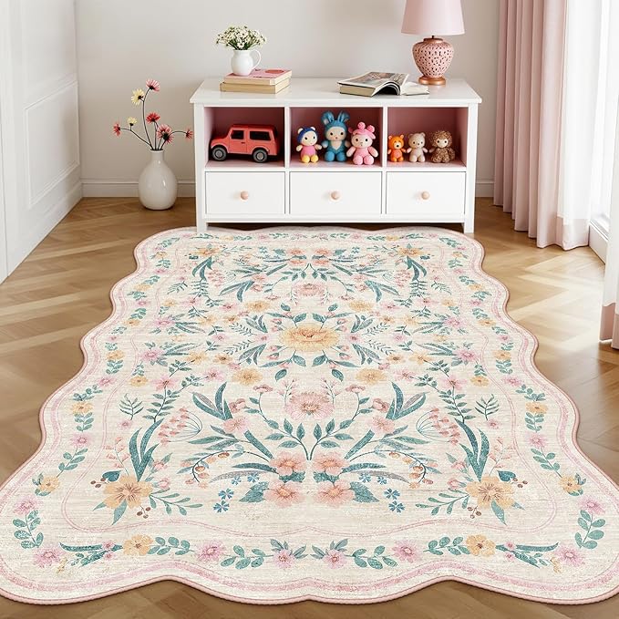 Pink Floral Rug 5X7 for Girls Bedroom or Nursery, Scalloped Washable Non-Slip - Image 2