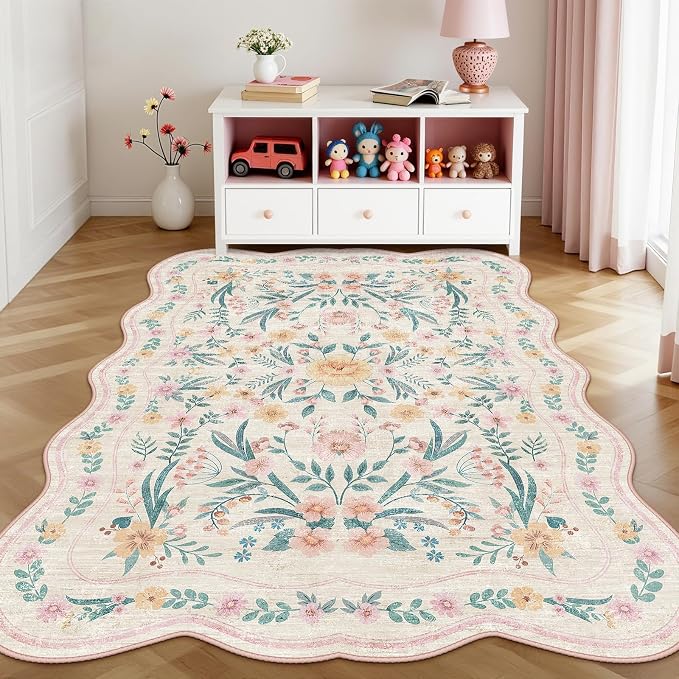 Pink Floral Rug 4X6 for Girls Bedroom or Nursery, Scalloped Cottagecore - Image 2