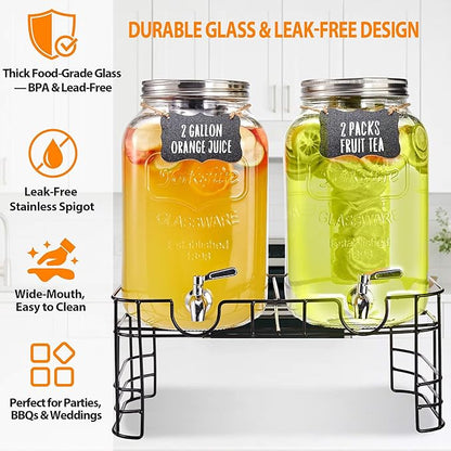 2 Gallon Large Glass Drink Dispenser Set, 2 Pack Beverage Dispensers - Image 3
