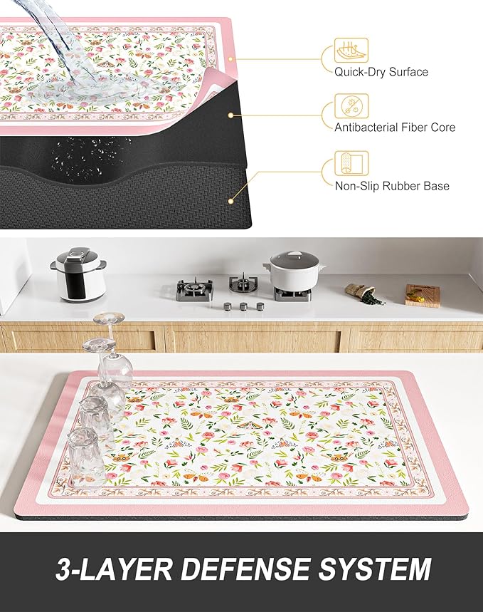 Rnivvi Dish Drying Mat for Kitchen Counter, XL 15 x 24" Cute Flower Theme - Image 4