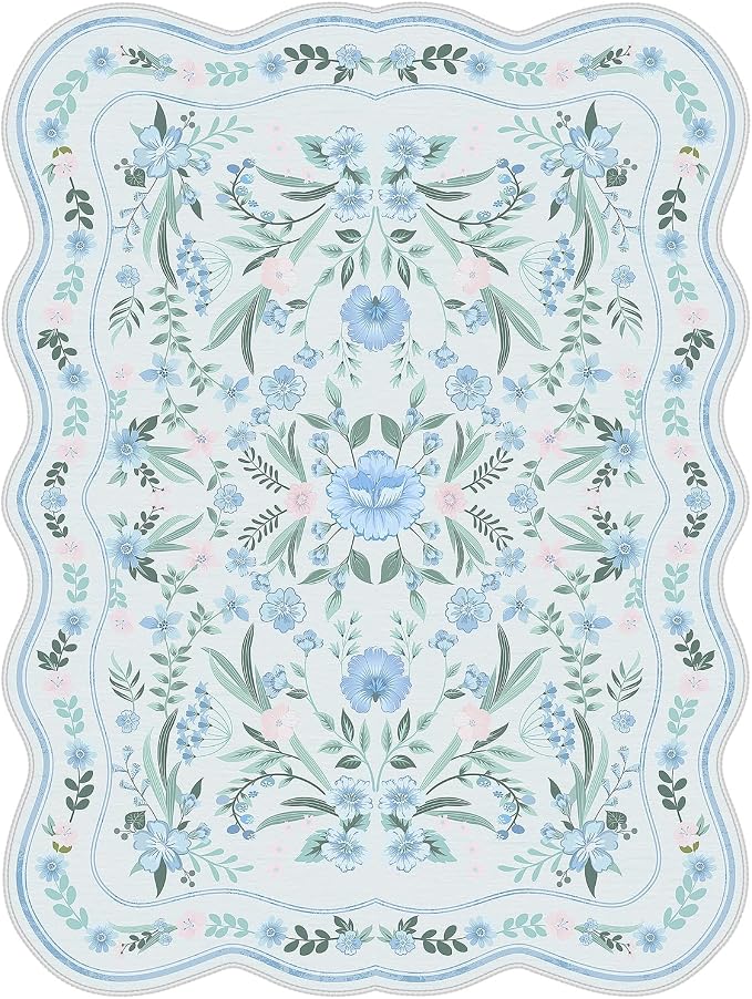 Blue Floral Rug 4x6 for Girls Bedroom or Nursery, Scalloped Washable Non-Slip - Image 7