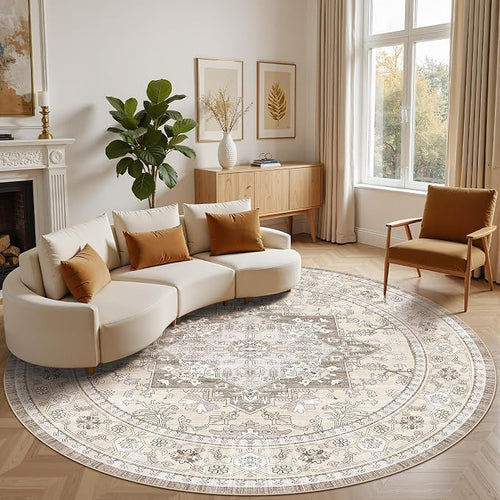 8ft Round Area Rug: Washable Vintage Neutral Soft Non Slip Thin Large Floor by MICGEEK