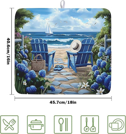 Summer Beach Chairs Dish Drying Mat Sea Wave Blue Floral Drying Mat fo Kitchen - Image 2