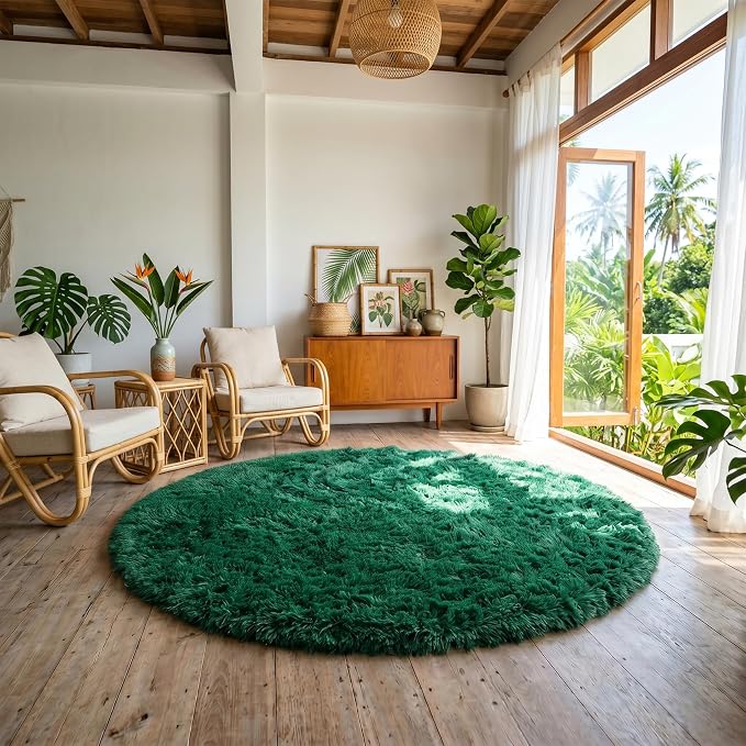 Amdrebio Dark Green Fluffy Round Rugs 5Ft - Image 7