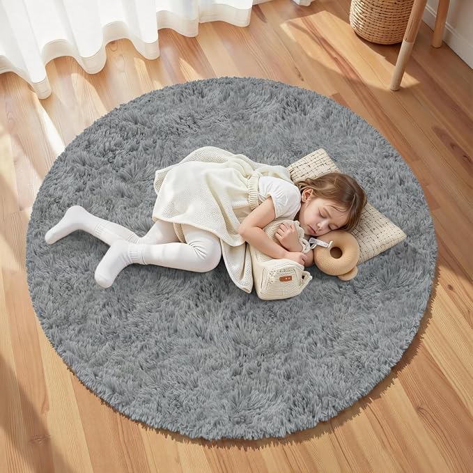 Light Gray Round Fluffy Rug 6ft Plush Fuzzy Shaggy Carpet, Soft Rugs - Image 5