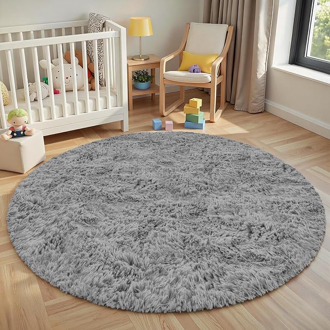 Light Gray Round Fluffy Rug 6ft Plush Fuzzy Shaggy Carpet, Soft Rugs - Image 8