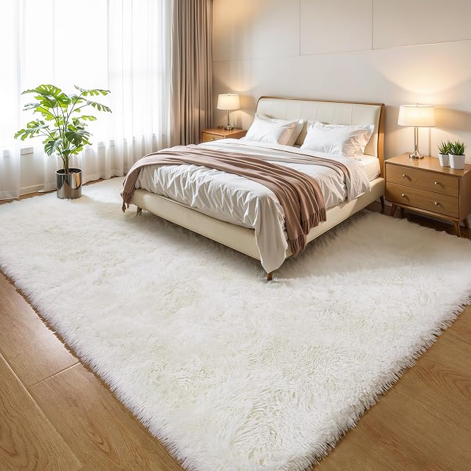 KICHOWUA Area Rug 5x7 Cream White Fluffy Shag - Image 7