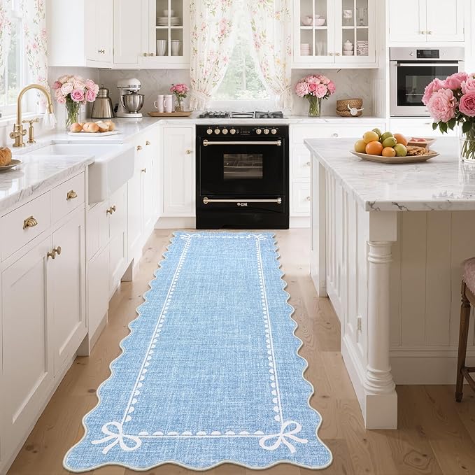 GarveeHome Scalloped Bow Rug for Living Room, Solid Blue Rug for Dorm, Washable by GarveeHome