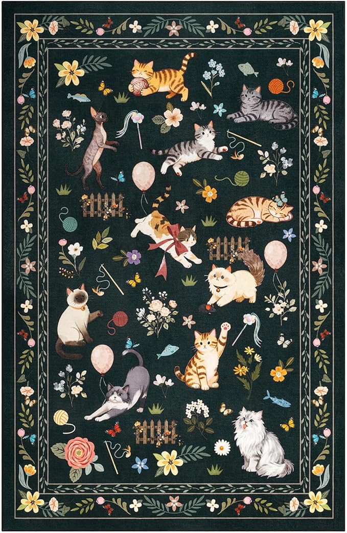 Unirea 4x6 Black Cat Area Rug for Bedroom, Living Room, Medium Washable Kids Rug - Image 2