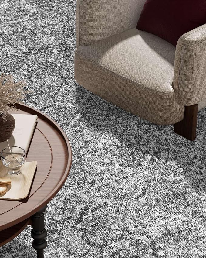 Latte&Fog 4x6 Rug for Living Room, Vintage Grey Washable Area Rug, Boho Floral - Image 5