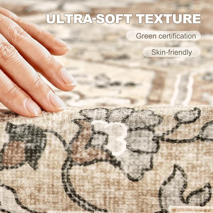 6x9 Washable Area Rug: Vintage Neutral Soft Non Slip Thin Large Floor Carpet - Image 4