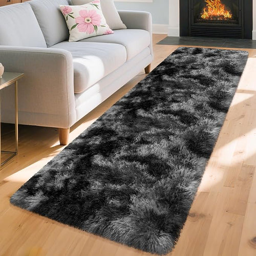 2x8 ft Plush High Pile Black Tie-Dyed Rug Fluffy Soft Runner Bedside Rug by TENNOLA