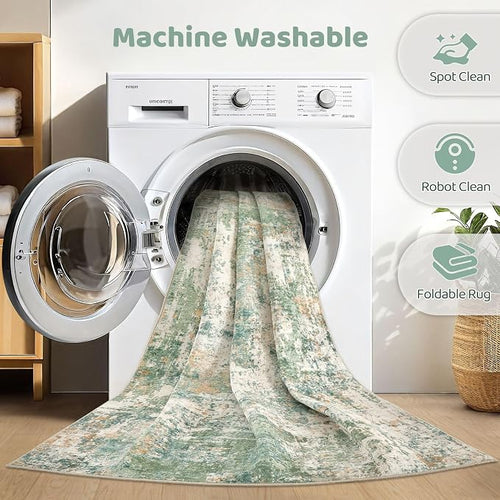 12x18 Area Rug Living Room: Washable Large Abstract Soft Green Rug Stain - Image 2