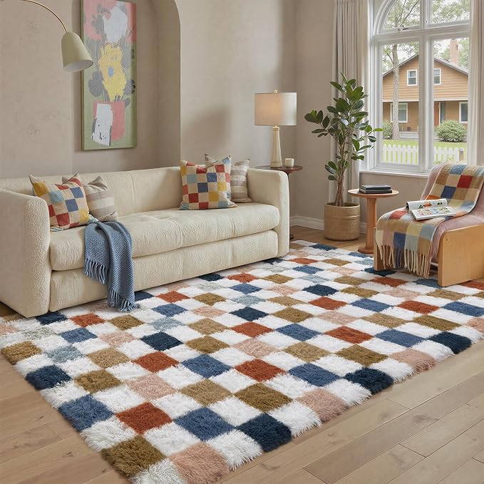 PureCozy Checkered Rug 5x7 for Living Room, Modern Rainbow Shag Rug Super Soft by PureCozy